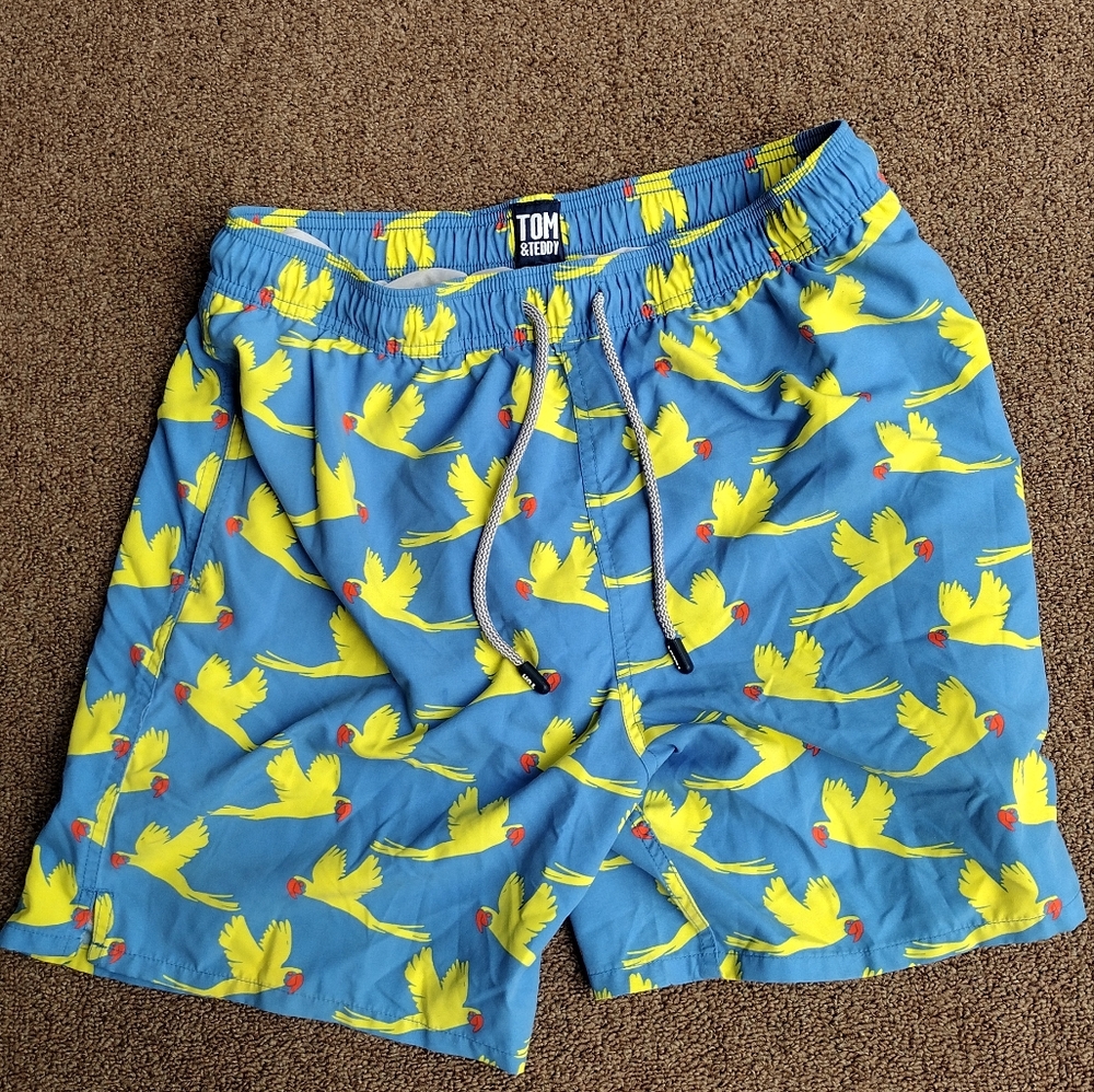 Tom & Teddy Swim Trunks Mens Large Blue Yellow Birds All Over Print Lined Beach